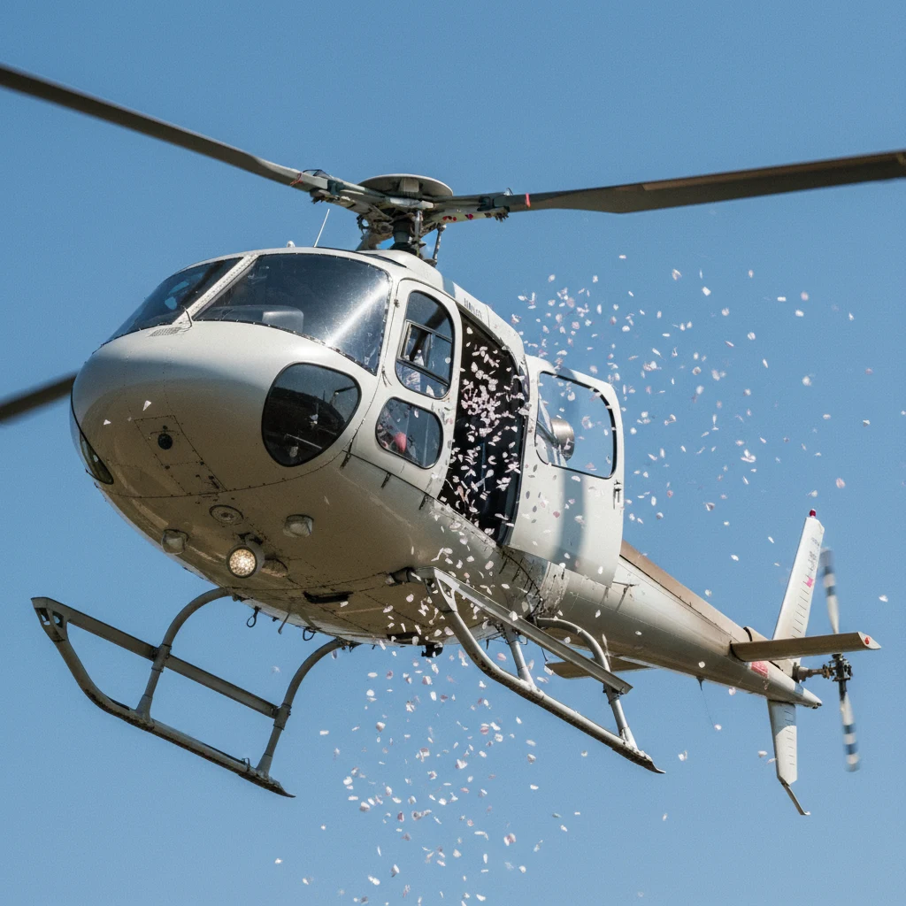 Banknotes falling from helicopter over crowd